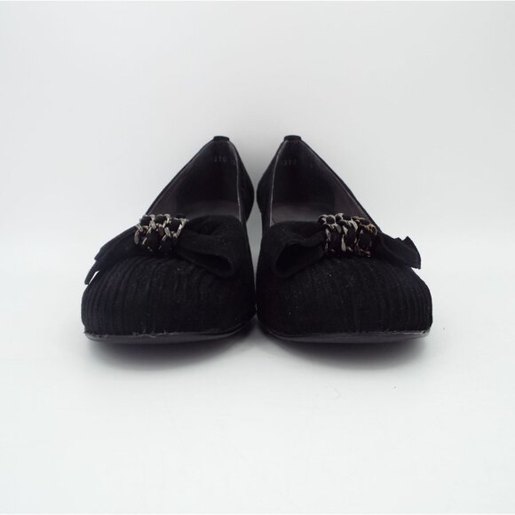 Stuart Weitzman Pleats Black Suede Wedge with Chain Bow Size 10N Narrow - Picture 6 of 16